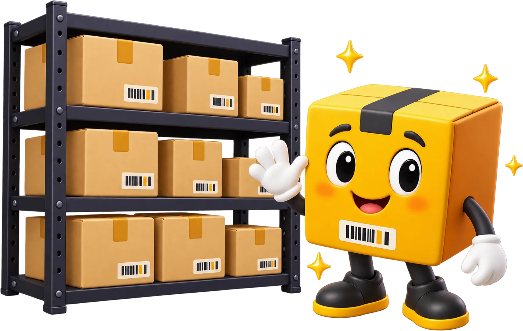 Crato, the CratoSpace mascot, in front of a shelf of stored boxes